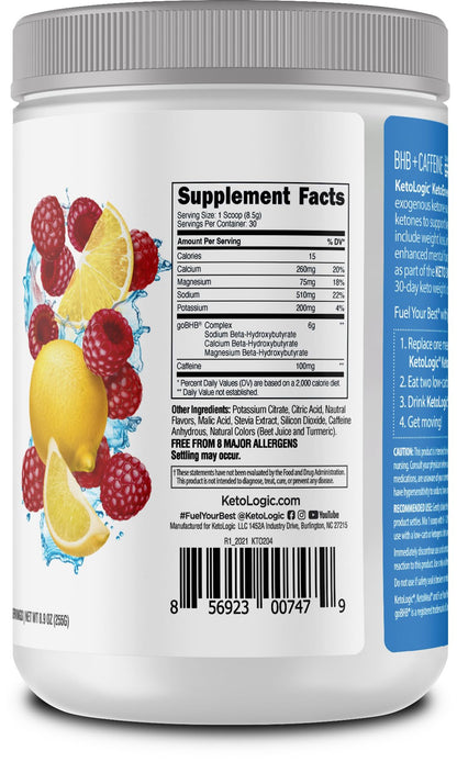 KetoLogic BHB KetoEnergy Exogenous Ketones Powder with Caffeine | Raspberry Lemonade