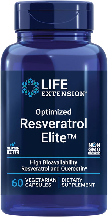 Life Extension Optimized Resveratrol Elite, Trans-resveratrol, quercetin, Healthy Aging, Heart Health, Brain Health, oxidative Stress, Gluten-Free, Non-GMO, Vegetarian, 60 Capsules