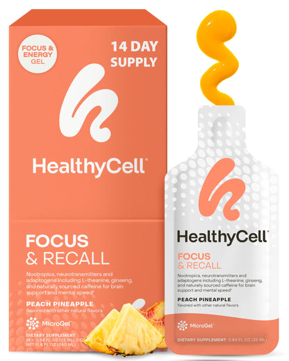 Healthycell Focus & Recall Daily Liquid Brain Supplement - 30 Gel Packs | Liquid nootropic gel packs with L-Theanine, Omega-3 & Taurine - Supports focus, memory, concentration & mental alertness
