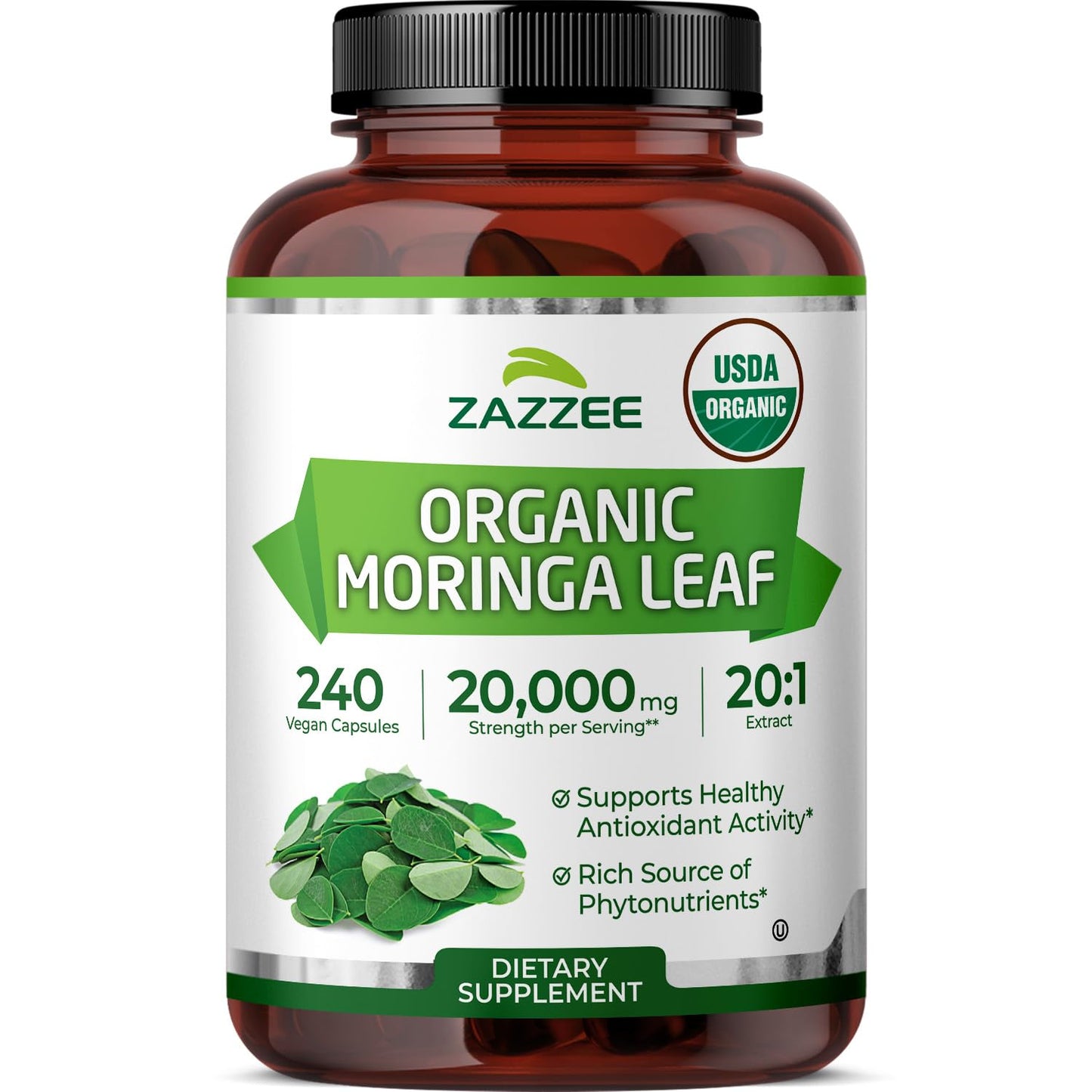 Zazzee USDA Organic Moringa Leaf 20:1 Extract, 180 Vegan Capsules, 3 Month Supply, Certified Kosher, Moringa Oleifera, Antioxidant, Immune & Cellular Support, Superfood Supplement, Made in the USA