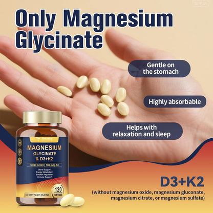 9-in-1 Magnesium Glycinate 500mg + Vitamin D3 5000 IU & K2 Complex - High Absorption - Healthy Stress, Sleep, Muscle Function, Bone Health & Energy Supports | Non-GMO, Gluten-Free 120 Softgels