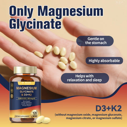 9-in-1 Magnesium Glycinate 500mg + Vitamin D3 5000 IU & K2 Complex - High Absorption - Healthy Stress, Sleep, Muscle Function, Bone Health & Energy Supports | Non-GMO, Gluten-Free 120 Softgels