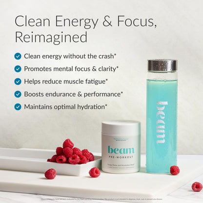 BEAM Pre Workout Powder – Pre Workout Supplement with Organic Caffeine, 350 mg Electrolytes & Nootropic Focus Support, No Sugar, Pre Workout for Women & Men, Blue Raspberry Flavor, 20 Servings