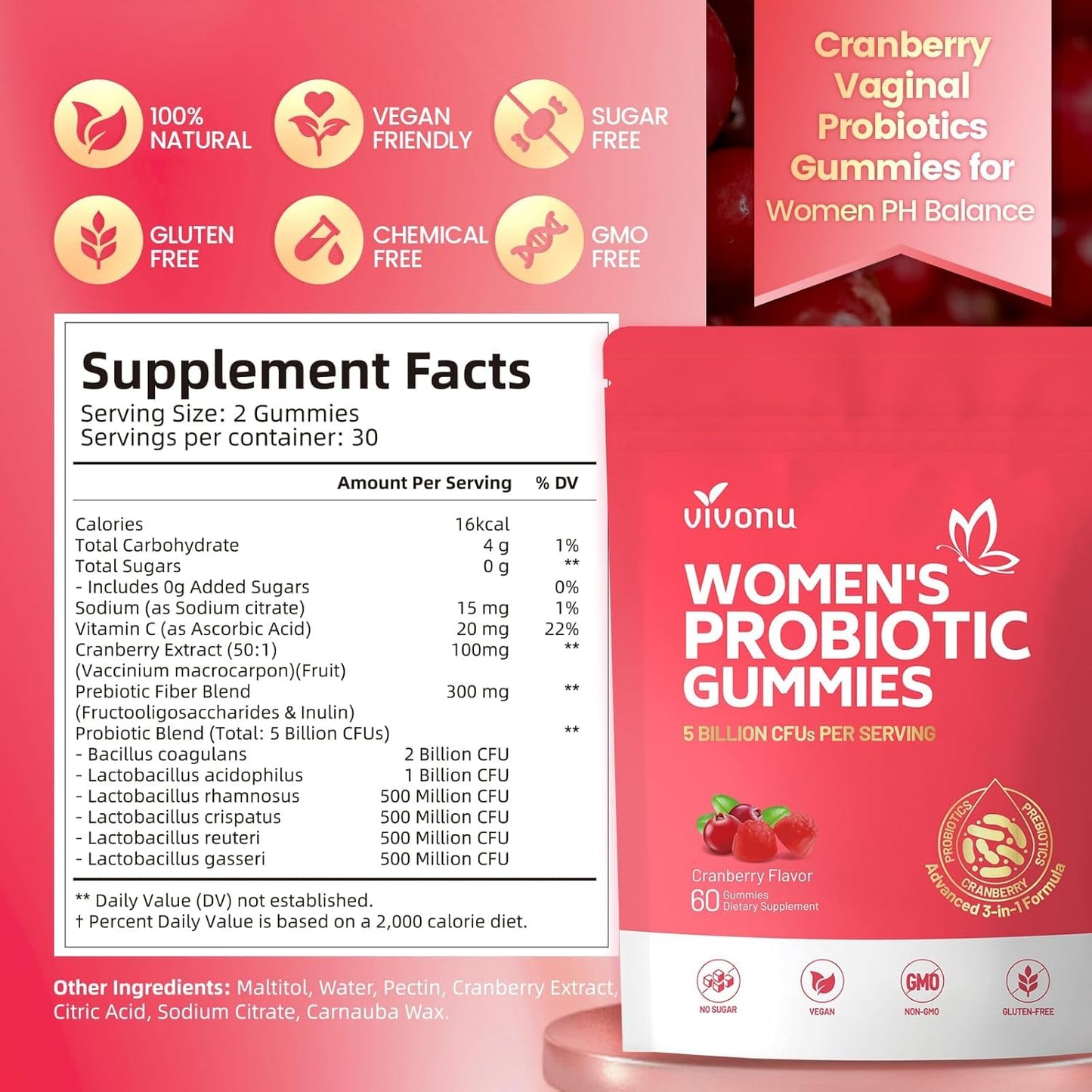 VivoNu Probiotics for Women, Women Probiotic Gummies, 500 Million CFUs, Fiber | Feminine Balance Gummies for Healthy Odour, Digestive Support and Gut Health + Vitamin C for Immune Support - 60 Gummies