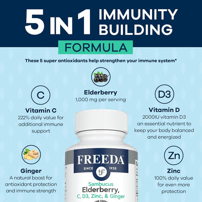 FREEDA Sambucus Elderberry Capsules - 5-in-1 Immune Support - 120 Count | Herbal Antioxidant Supplement with Vitamin C, Zinc, Vitamin D3 & Ginger for Adults - Gluten-Free - Made In USA