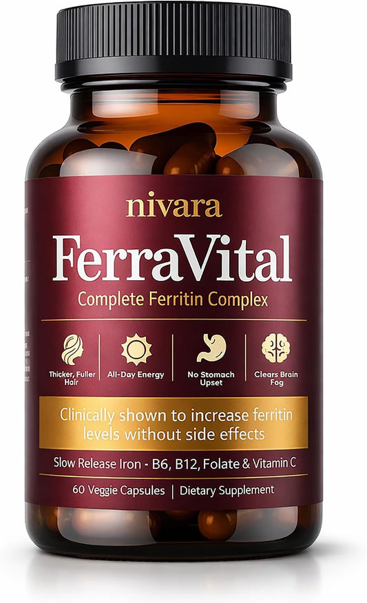NIVARA FerraVital Ferritin Support for Women - Iron Supplement with Ferrous Glycinate, Vitamin C, B12, B6, Folate & Zinc, Supports Healthy Iron Levels & Daily Energy - 60 Capsules (1)