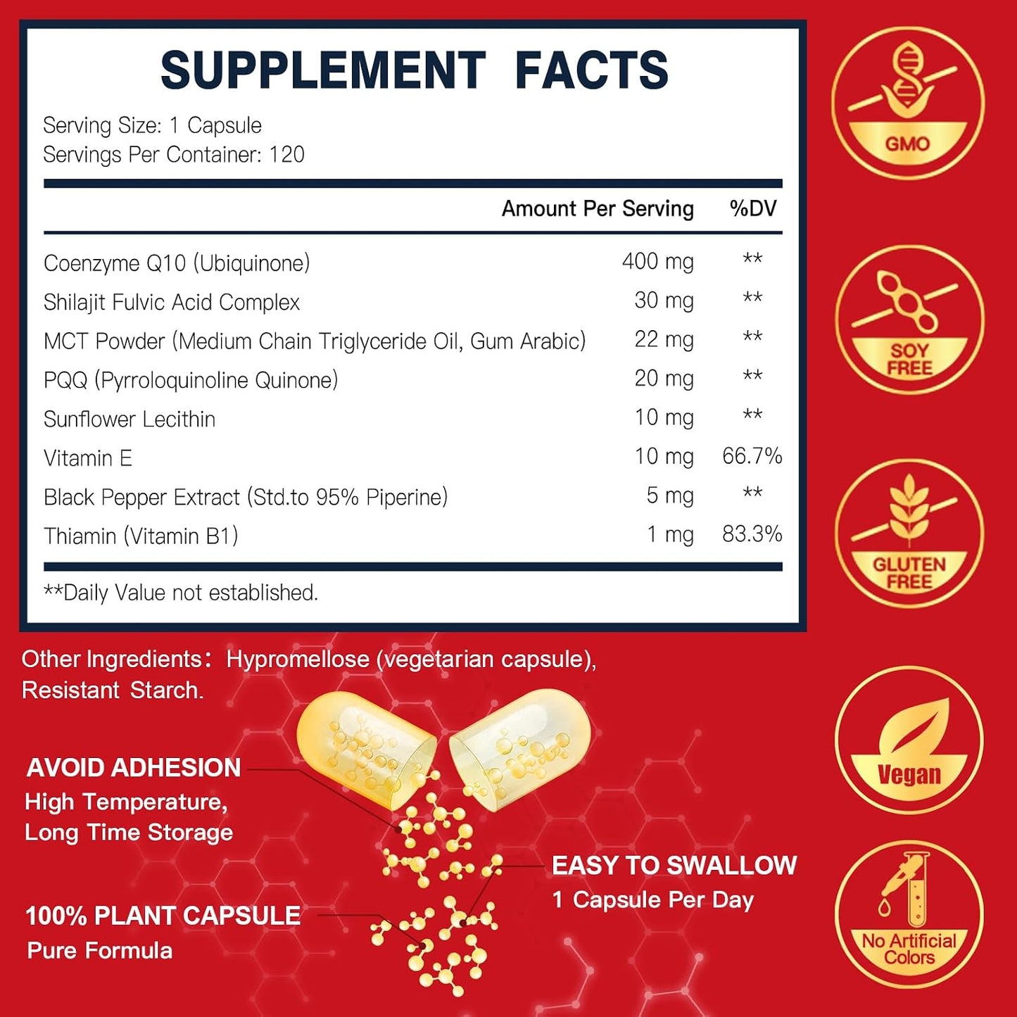 DRFOSTER CoQ10 400mg-High Absorption Coenzyme Q10 Supplements with PQQ, Shilajit & Vitamin E, Powerful Antioxidant for Heart & Brain Health and Energy-Production 120 Veggie Capsules