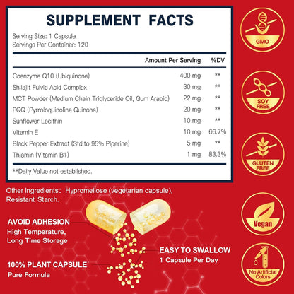 DRFOSTER CoQ10 400mg-High Absorption Coenzyme Q10 Supplements with PQQ, Shilajit & Vitamin E, Powerful Antioxidant for Heart & Brain Health and Energy-Production 120 Veggie Capsules