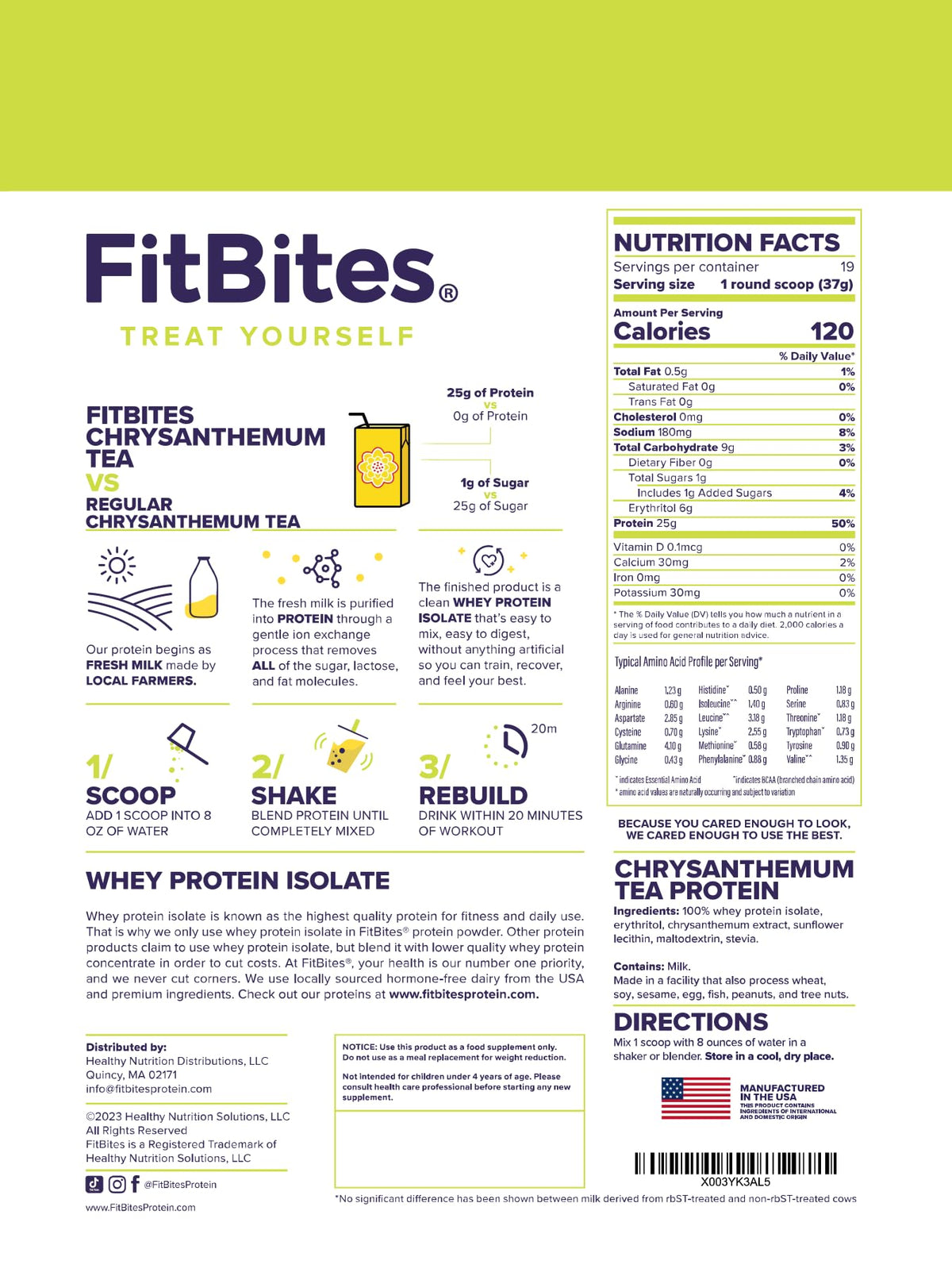 FitBites Boba Tea Protein Whey Protein Isolate (Chrysanthemum Tea), 5.9g BCAAs, Gluten