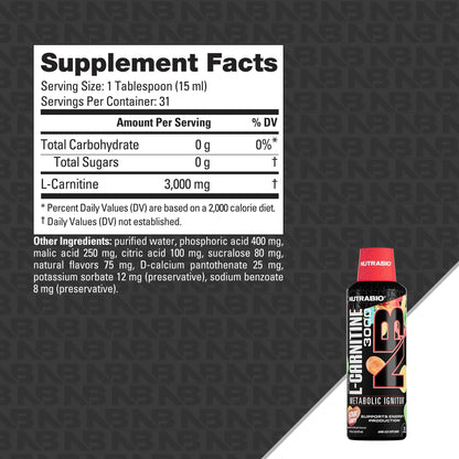 NutraBio – L-Carnitine Liquid Shots – 3000mg, (Green Apple) – 10mg of Vitamin B-5 – Zero Carbs & Sugars – Energy Production – Muscle Recovery