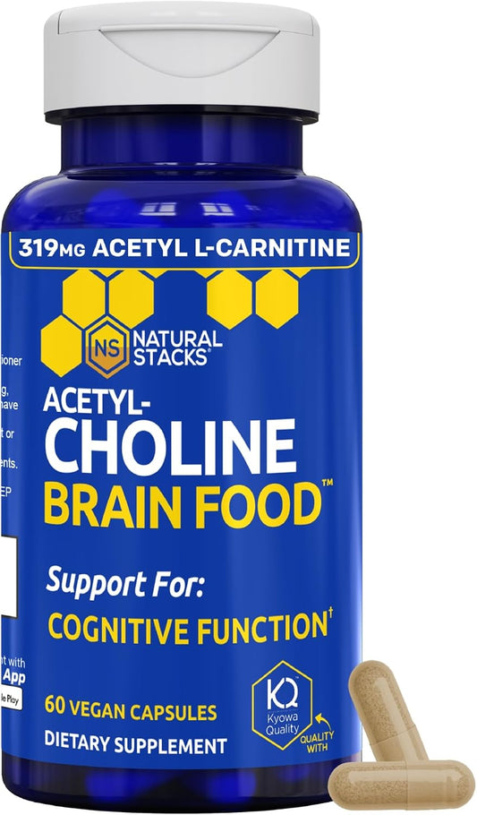 Acetylcholine Brain Food w/Alpha GPC, Cognitive Function Support, 60 Count | Choline Supplement w/ 319mg Acetyl L-Carnitine & White Peony Root - Neurotransmitter Support for Learning - Natural Stacks