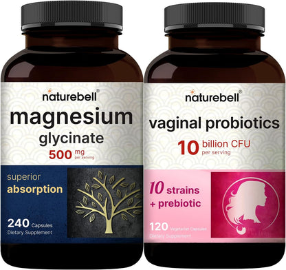 NatureBell Magnesium Glycinate Capsules 500mg & Vaginal Probiotics for Women in Veggie Capsules | Bundle Pack | Chelated & Purified Mineral | 10 Strains & 10 Billion CFU