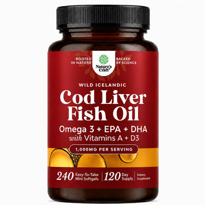 Icelandic Wild Caught Cod Liver Oil Softgels - Fish Omega 3, EPA, DHA, Vitamin D & A, 1000mg Per Serving - Burpless Capsules for Heart, Joint, Brain & Immune Support - 100 Count