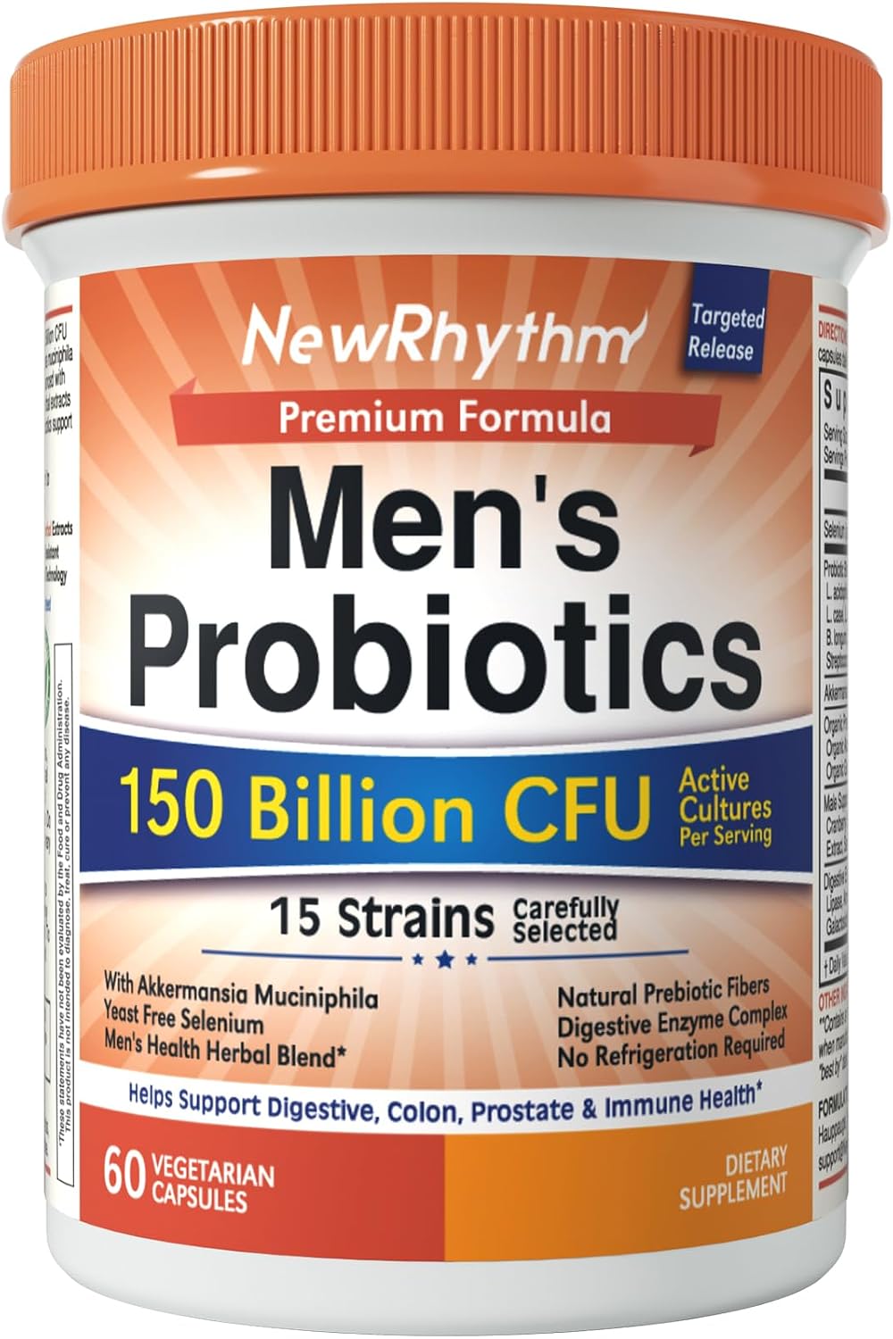 NewRhythm Probiotics for Men, with Prebiotics, Selenium, Digestive Enzymes, Akkermansia Muciniphila, Cranberry Extract, 150 Billion CFU, Digestive, Colon, Immune, Men's Health, 60 Vegan Caps