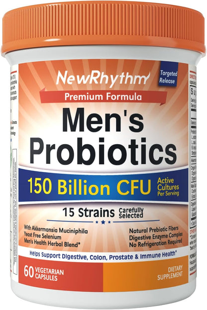 NewRhythm Probiotics for Men, with Prebiotics, Selenium, Digestive Enzymes, Akkermansia Muciniphila, Cranberry Extract, 150 Billion CFU, Digestive, Colon, Immune, Men's Health, 60 Vegan Caps