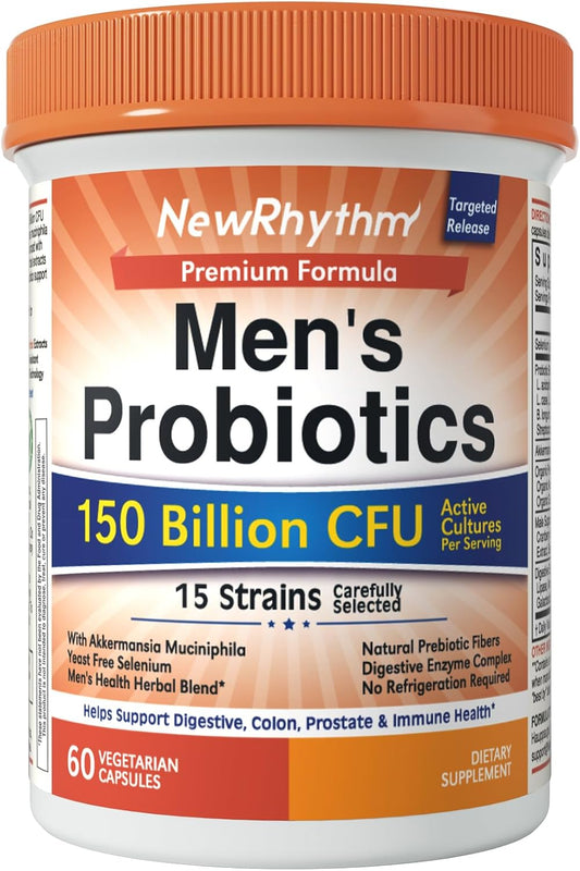 NewRhythm Probiotics for Men, with Prebiotics, Selenium, Digestive Enzymes, Akkermansia Muciniphila, Cranberry Extract, 150 Billion CFU, Digestive, Colon, Immune, Men's Health, 60 Vegan Caps