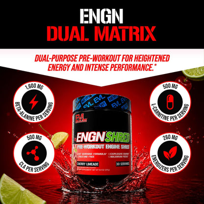 EVL Ultimate Pre Workout Powder - Thermogenic Fat Burner Preworkout Powder Drink for Lasting Energy Focus and Stamina - ENGN Shred Intense Fat Burning Creatine Free Preworkout Drink - Cherry Limeade