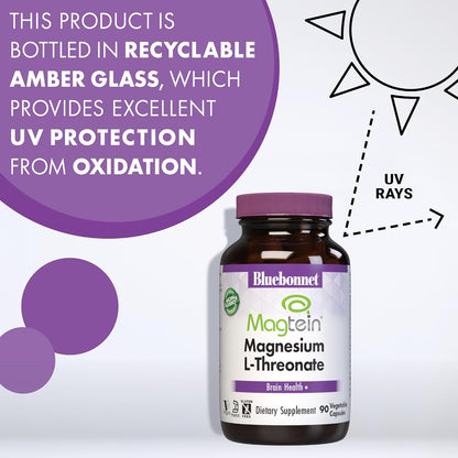 Bluebonnet Nutrition Magtein Magnesium L-Threonate, Brain Health*, Non-GMO, Vegan, Kosher Certified, Gluten-Free, Soy-Free, 90 Vegetable Capsules, 30 Servings