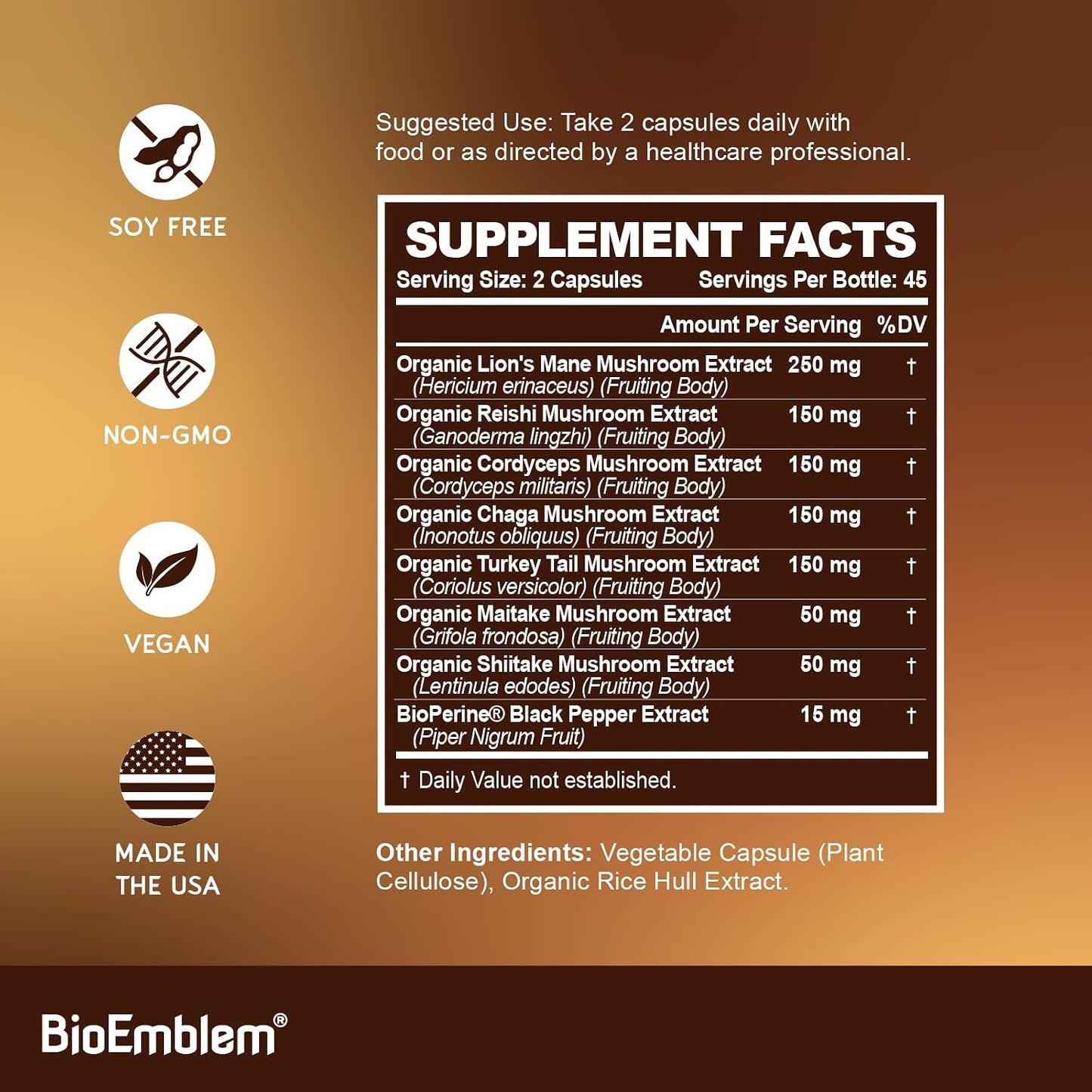 BioEmblem Mushroom Complex - 10:1 Strength and 7 Species - Lions Mane, Reishi, Cordyceps, Chaga, Maitake, Shiitake Mushroom Supplement - Immunity, Energy & Focus, Brain - Non-GMO, Vegan - 90 Caps