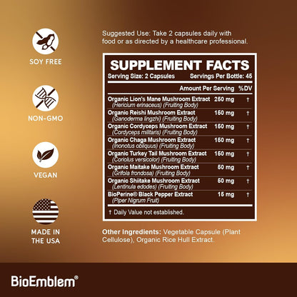BioEmblem Mushroom Complex - 10:1 Strength and 7 Species - Lions Mane, Reishi, Cordyceps, Chaga, Maitake, Shiitake Mushroom Supplement - Immunity, Energy & Focus, Brain - Non-GMO, Vegan - 90 Caps