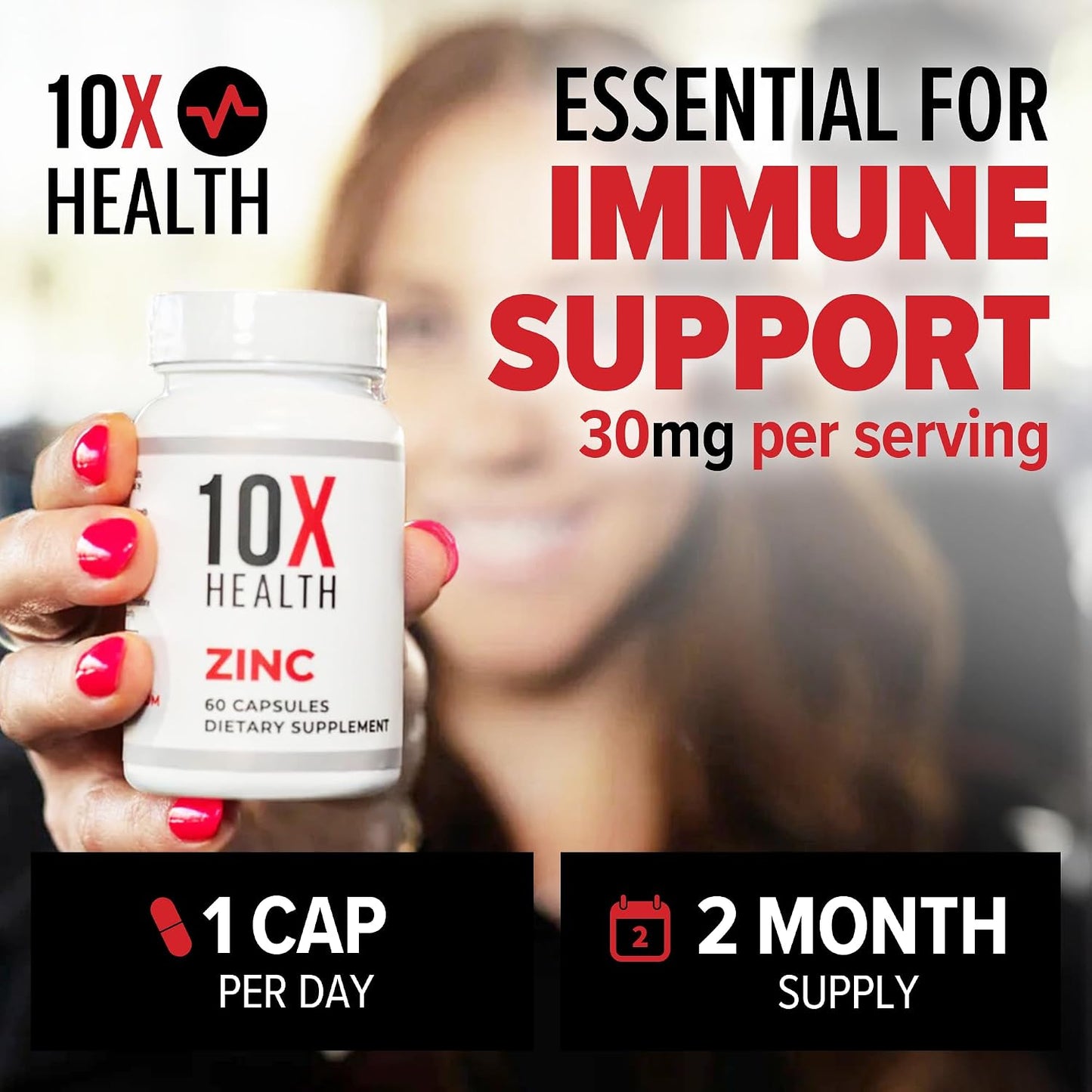 10X Health Zinc 30mg - 60 Capsules | Zinc Supplements: DNA & Protein Synthesis, Immune Support, Highly Absorbable, 60ct