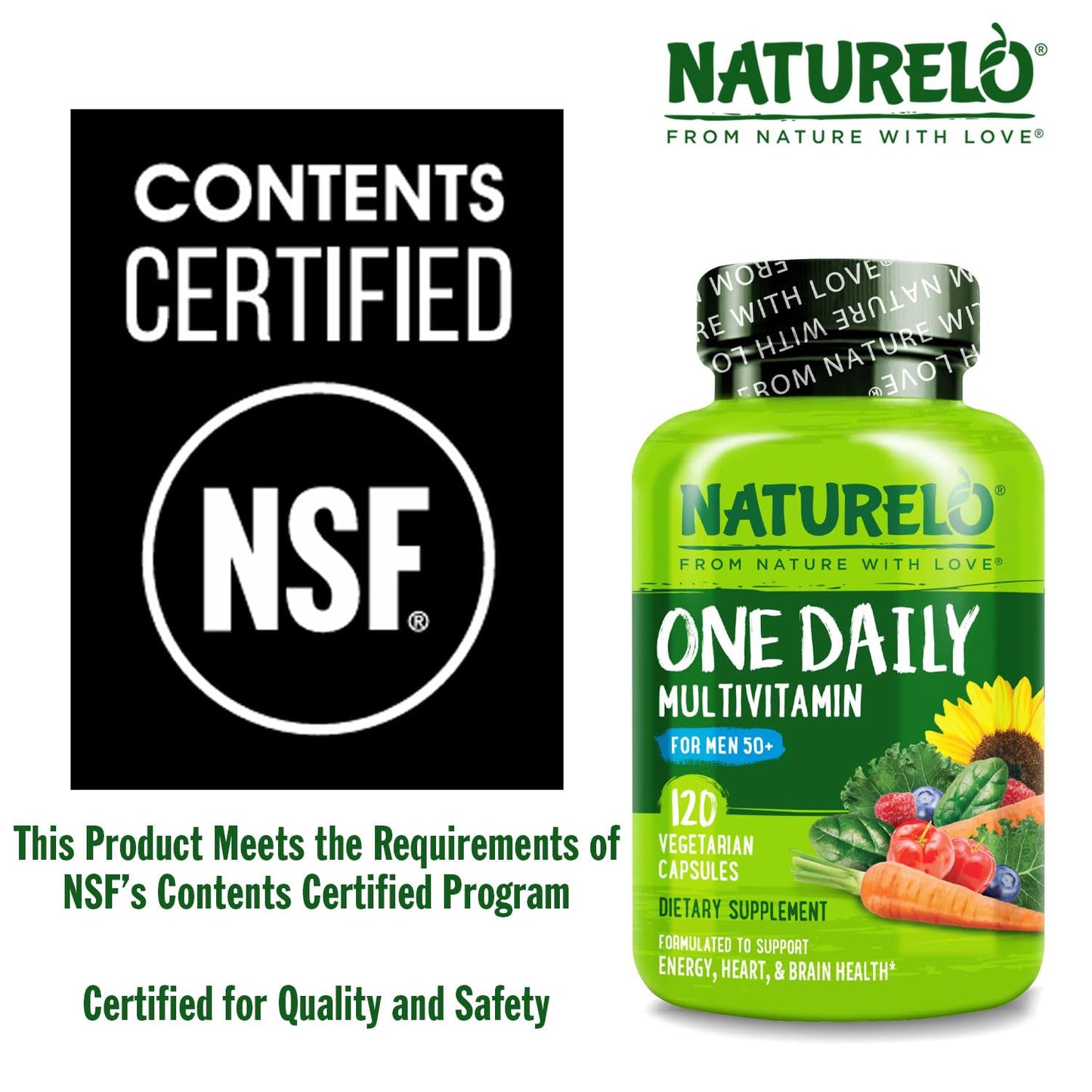 NATURELO Mens Multivitamins for Men 50+ - One Daily Multivitamin for Men with Vitamins, Minerals & Organic Whole Foods, Boost Energy & Health, Non-GMO, 60 Vegetarian Capsules