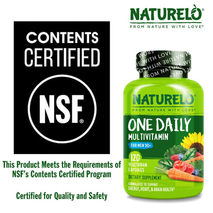 NATURELO Mens Multivitamins for Men 50+ - One Daily Multivitamin for Men with Vitamins, Minerals & Organic Whole Foods, Boost Energy & Health, Non-GMO, 60 Vegetarian Capsules