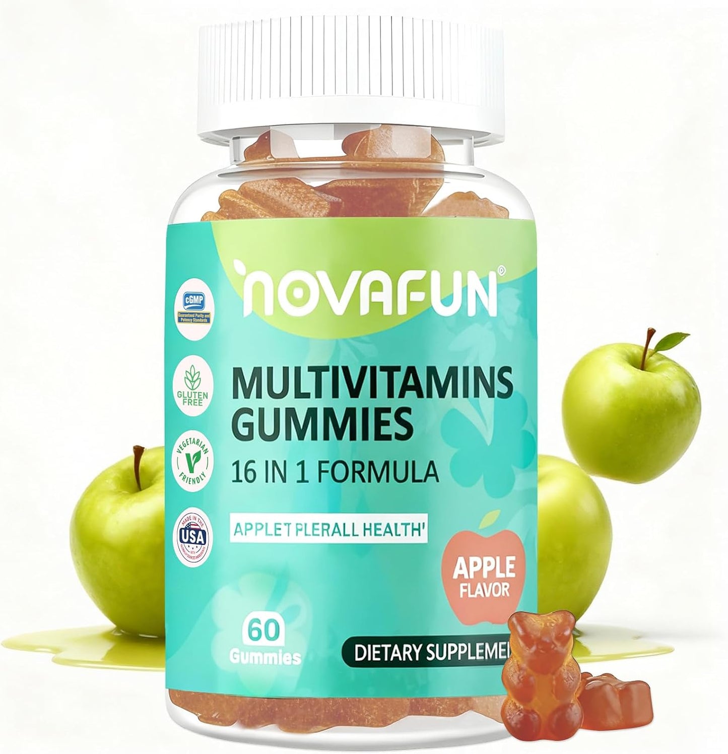 Multivitamin Gummies,16-in-1 Multi Vitamin Supplements for Women, Men & Kids, Essential Vitamins & Minerals for Overall Health, Vegan, Sugar-Free, 60 Count
