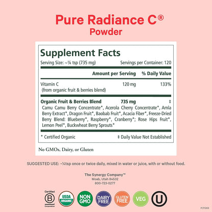 Pure Synergy Pure Radiance C | Organic Vitamin C Powder | 100% Natural, Whole Food, Non-GMO Supplement with Organic Camu Camu| for Immune and Collagen Support (3.1 oz Powder)