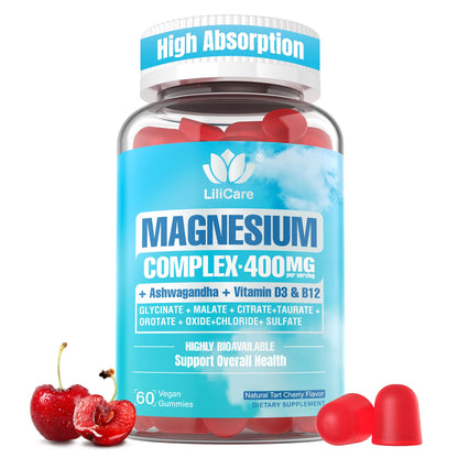 Magnesium Complex Gummies for Women Men 400mg, 8 Forms of Magnesium Glycinate, Citrate, Malate - Sugar Free Calm Magnesium Gummies Supplement with Magnesium Ashwagandha, D3, B12 for Relax,Vegan,120Cts