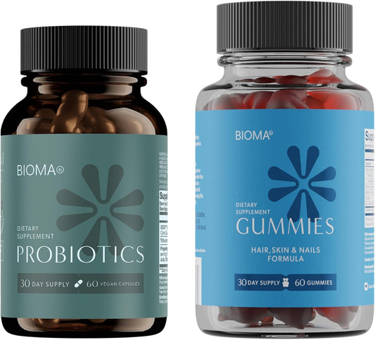BIOMA Gut & Beauty Support Bundle – Probiotic for Digestive Health + Hair, Skin & Nails Gummies with Biotin & Collagen – Promotes Gut Balance, Strong Hair & Glowing Skin – 2-Pack (30-Day Supply Eac