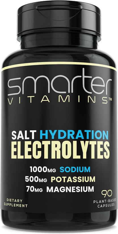 Electrolyte Capsules with 1000mg Sodium, Potassium & Magnesium, 90 Count | Formulated with chloride mineral salts and glycinate. Zero sugar, no mixing, convenient capsules, 30 servings