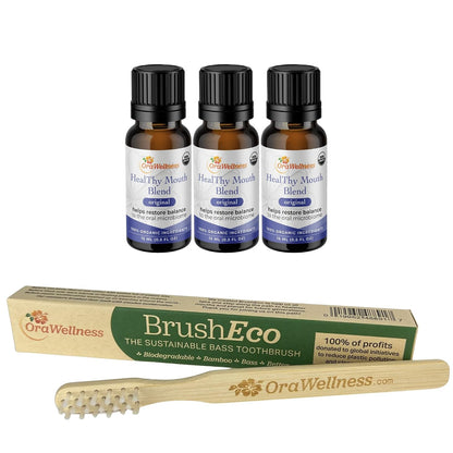 OraWellness Healthy Mouth Blend Tooth Oil 3 Pack + BrushEco Bamboo Toothbrush with 3 Rows