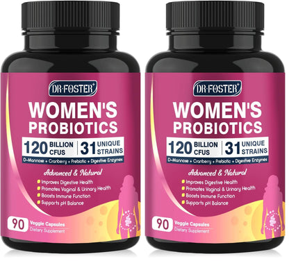DRFOSTER Probiotic for Women 120B Urinary & Digestive Health, 90 Capsules | 31 Strains, Prebiotics, Enzymes, D-Mannose & Cranberry, Vaginal, Urinary & Digestive Support, Non-GMO, Gluten-Free