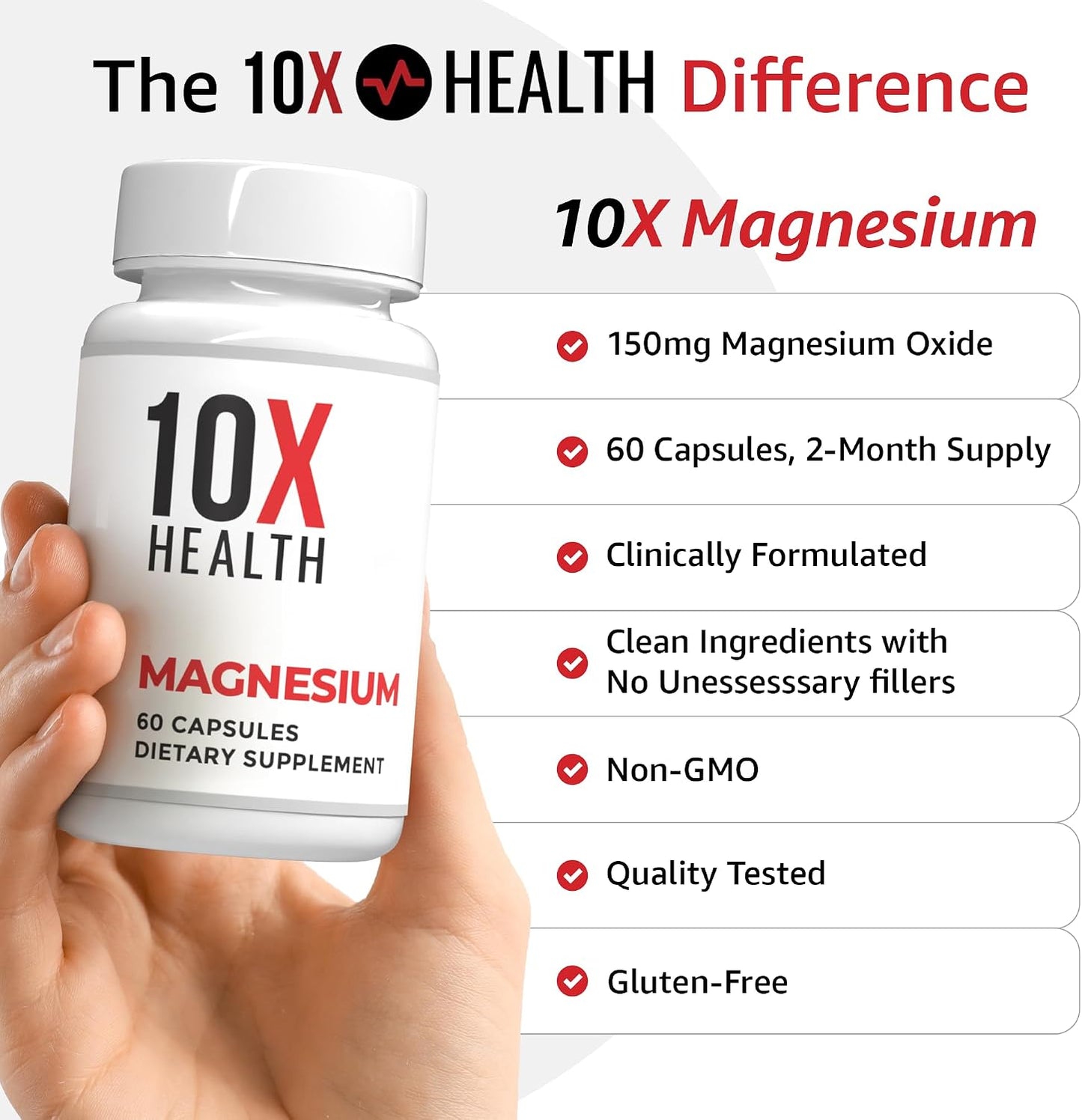 10X Health Magnesium Oxide Supplement, Sleep & Muscle Support, 60 Capsules | Magnesium for sleep support, relaxation support, muscle function, recovery support, and balanced nervous system*