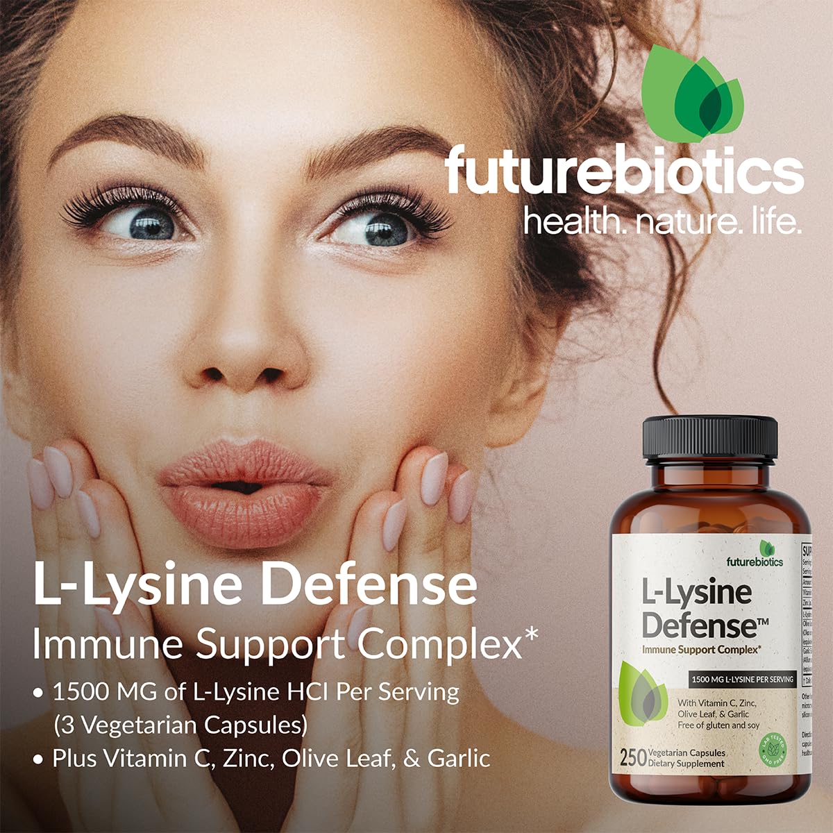 Futurebiotics L-Lysine Defense Immune Support Complex 1500 MG Per Serving with Vitamin C, Zinc, Olive Leaf & Garlic - Non-GMO, 90 Vegetarian Capsules