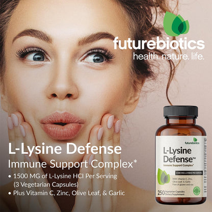 Futurebiotics L-Lysine Defense Immune Support Complex 1500 MG Per Serving with Vitamin C, Zinc, Olive Leaf & Garlic - Non-GMO, 90 Vegetarian Capsules