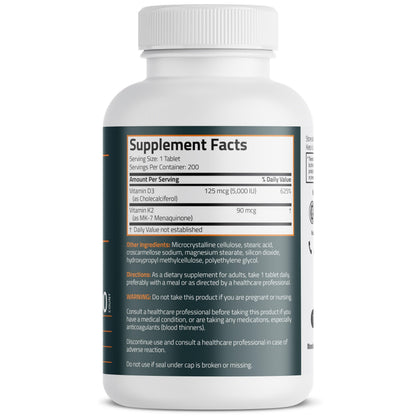 Bronson Vitamin K2 D3 (MK7) Supplement 2-in-1 D3 & K2 Complex, 120 Tablets | Bone, Immune & Heart Health Support, Gluten-Free, Soy-Free, Non-GMO, Vitamin D3 5000 IU (125 mcg) & 90 mcg K2 MK-7