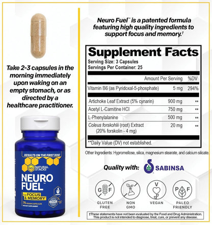 NATURAL STACKS NeuroFuel Nootropic + Dopamine Brain Food Bundle - Supports Mental Drive & Focus* - 135 Total Capsules
