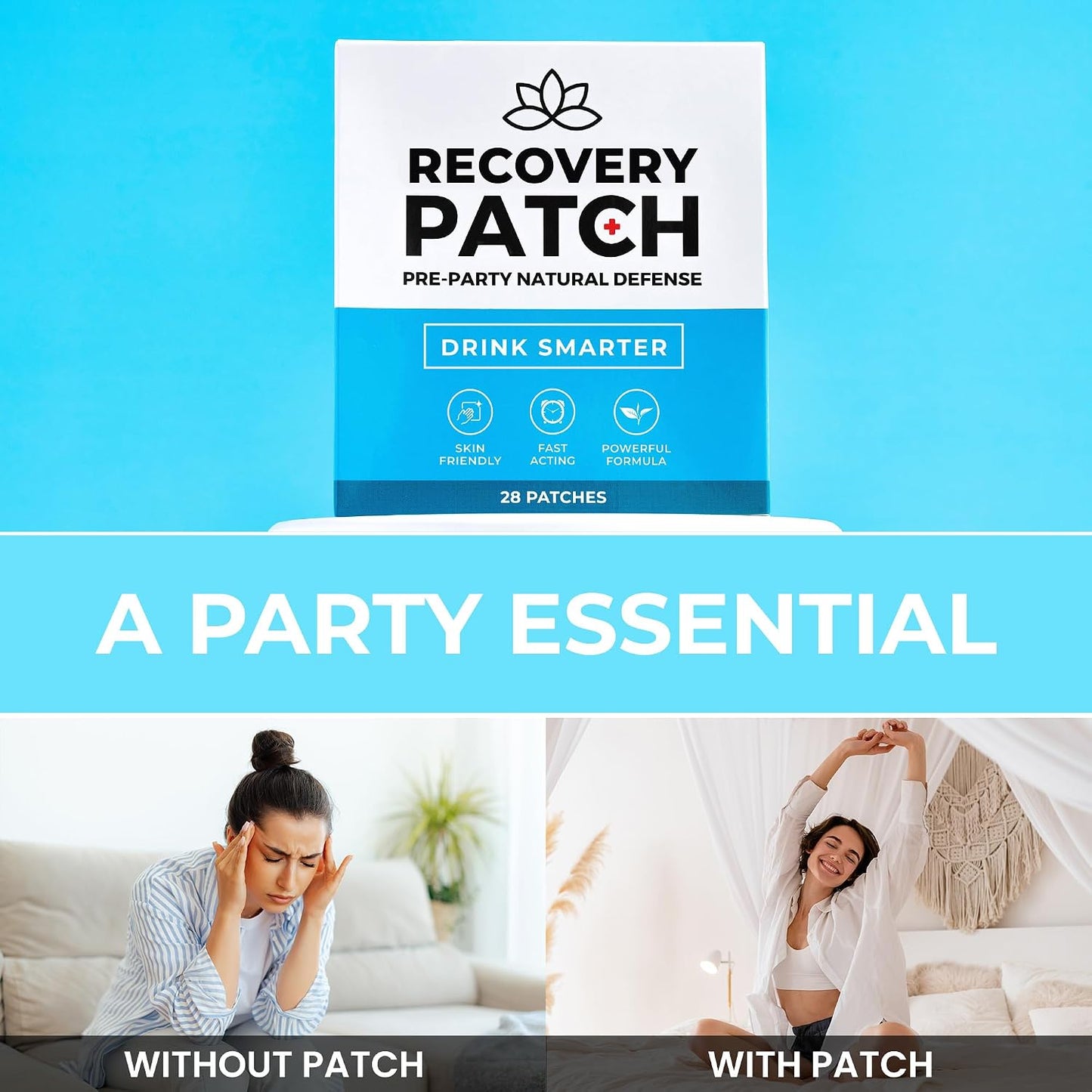 Party Treats Recovery Patches 28 Pack - Wake Up Refreshed & Energized | 100% Natural Ingredients Patch, Individually Wrapped, Skin-Friendly & Waterproof, Enhanced Morning Formula