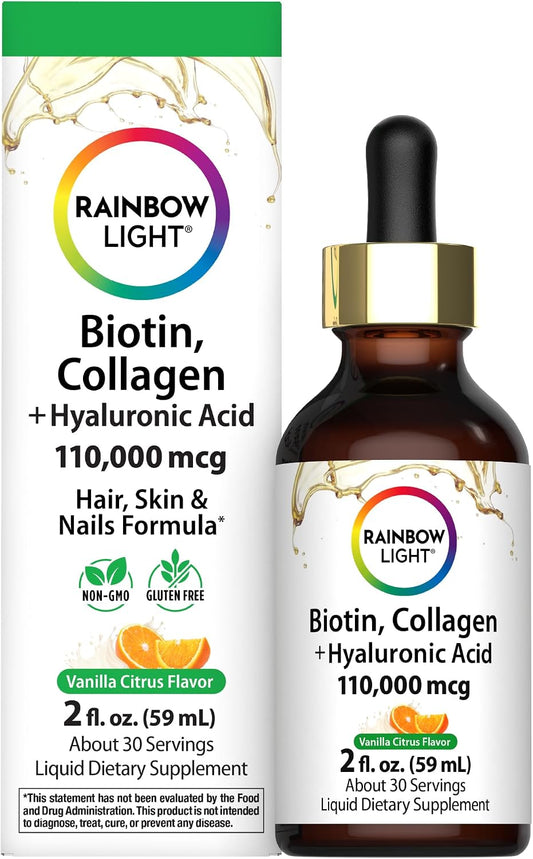 Rainbow Light Biotin, Collagen + Hyaluronic Acid Supplement | 110,000 mcg | Vanilla Citrus Flavor | Types I & III Collagen Peptides | For Men and Women