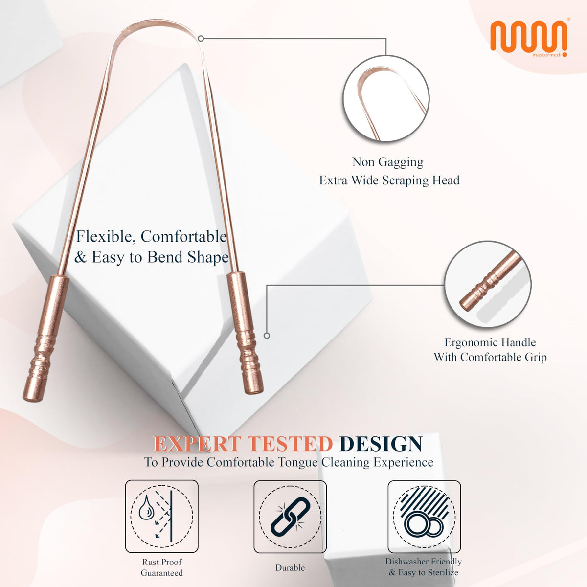 MasterMedi Tongue Scraper for Adults, 100% Stainless Steel Tongue Scrubber for Bad Breath, Easy to Use, Tongue Cleaner for Oral Care & Hygiene (SPTC-1|with Case)