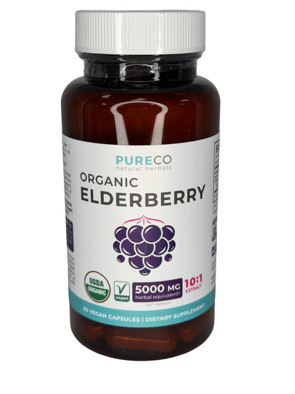 PURE CO Organic Elderberry 10:1 Extract 500mg Per 1 Capsule Serving - Vegan Black Elderberry Supplement for Immune Support, Allergy, Sinus Relief - Sambucus Nigra - 30 Caps