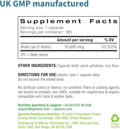 Igennus Clean Biotin 10,000mcg, High Potency Vitamin B7, Lab Verified, Vegan, 1-a-Day, Small Easy to Swallow Capsules, No After Taste or Smell, Hypoallergenic