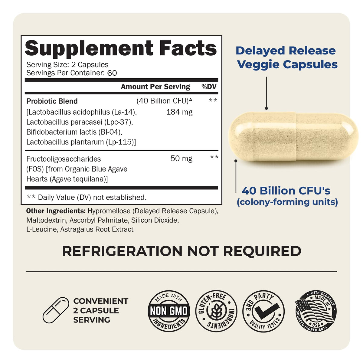 Probiotic 40 Billion CFU with Organic Prebiotics for Gut Health, 60 Count