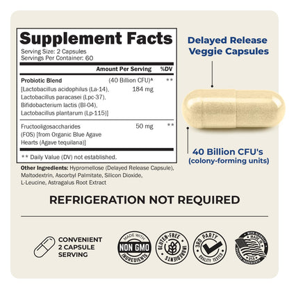 Probiotic 40 Billion CFU with Organic Prebiotics for Gut Health, 60 Count