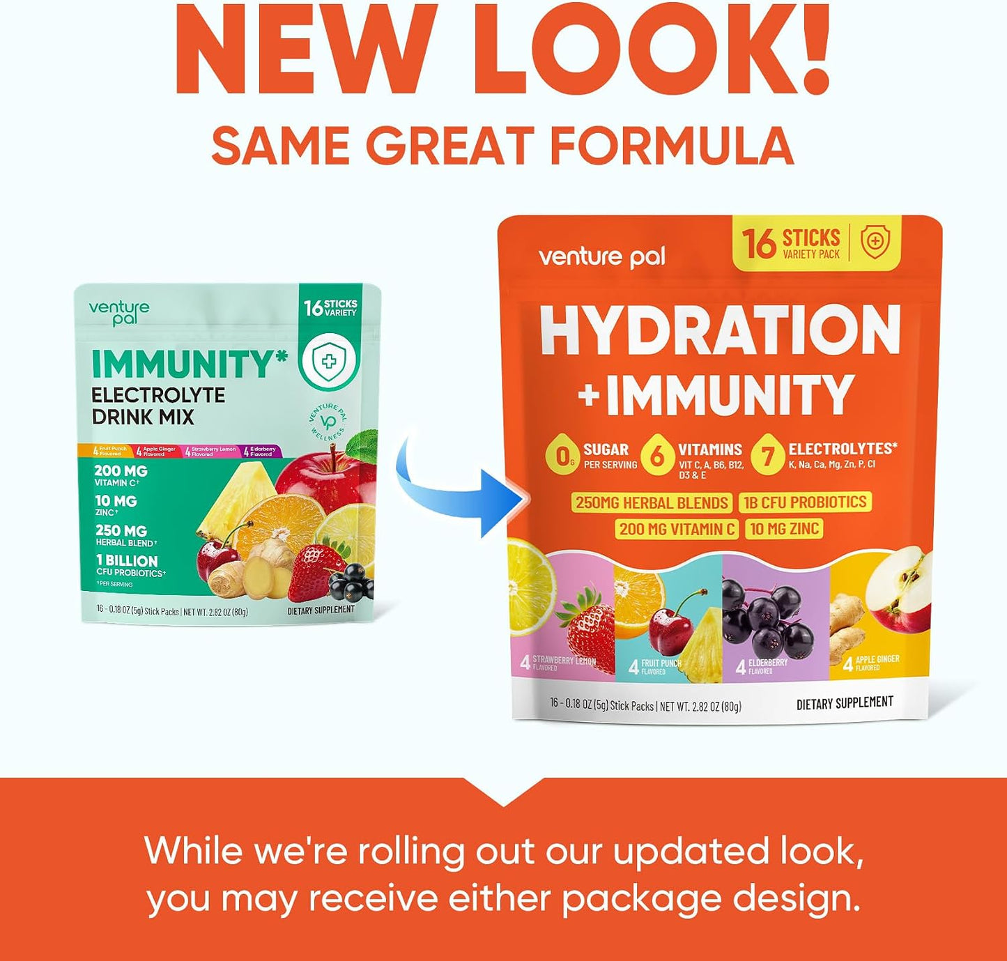 Venture Pal Sugar Free Hydration Packets+Immune-Liquid Daily IV Drink Mix | Electrolyte Powder with 7 Electrolytes & 6 Vitamins, Probiotics + Elderberry | Non-GMO, Keto Friendly, Vegan | 16 Sticks