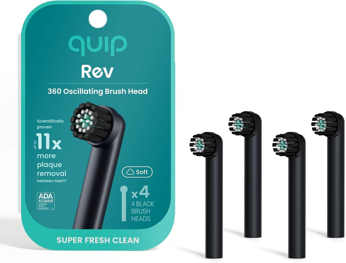 Quip Rev Oscillating Rechargeable Electric Toothbrush with Toothbrush Heads 4 Pack Product Bundle - Soft Bristles, Pressure Sensor, Compact - Blue Stone