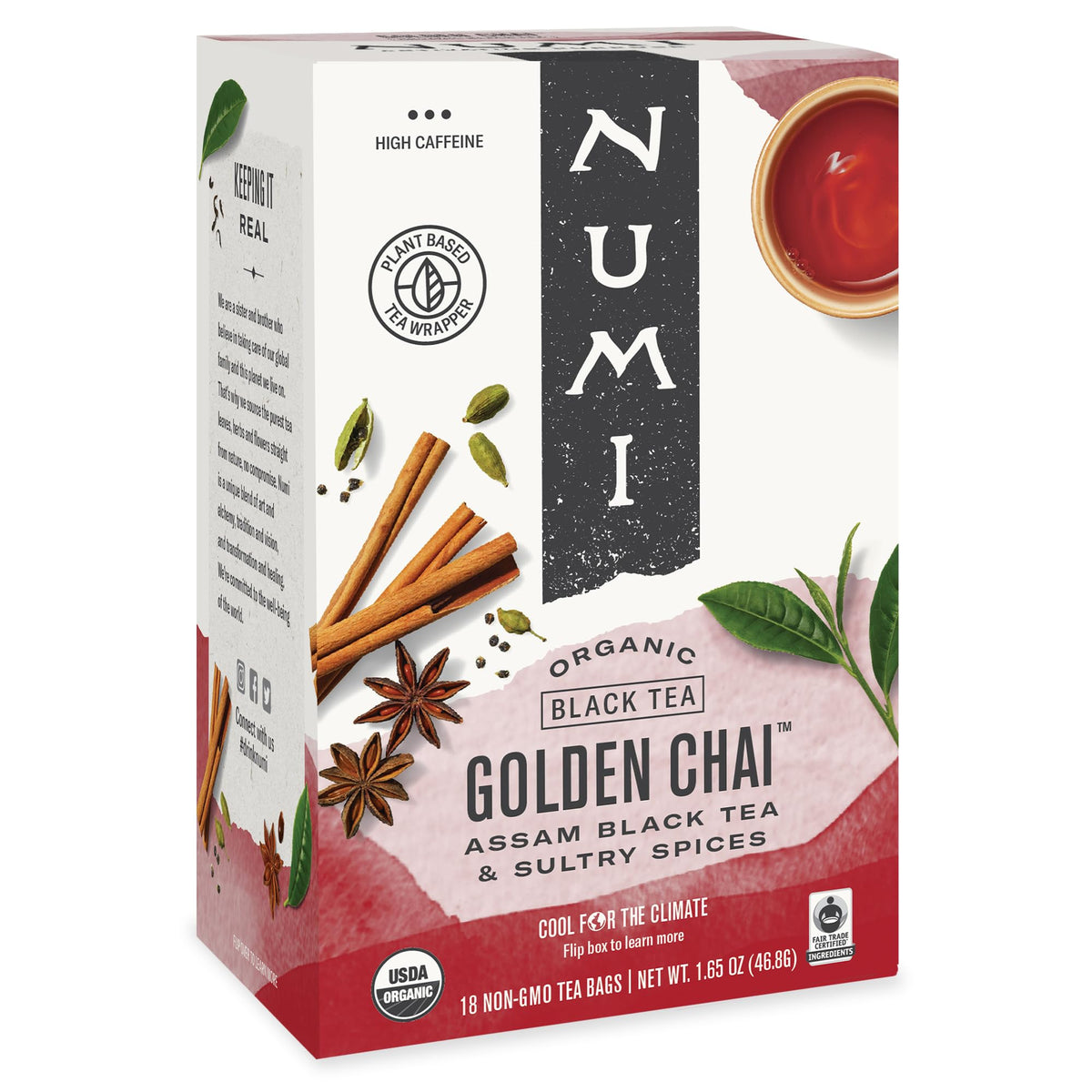 Numi Organic Golden Chai Tea, 18 Tea Bags, Assam Black Tea, Cardamom, Ginger 