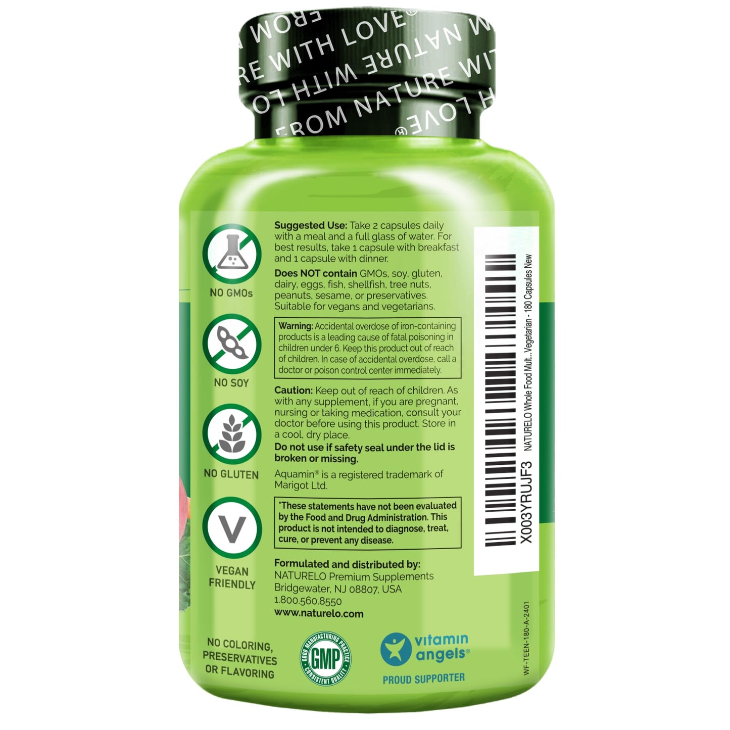 NATURELO Multivitamins for Teenage Girls/Boys, 60 Capsules, Whole Food Multivitamin with Minerals, Non-GMO, Vegetarian
